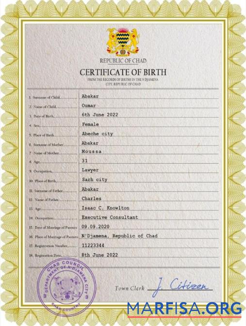 Printable Chad vital record birth certificate PSD template